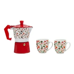 SET BOX CAFFETTIERA MOKA CON 2 TAZZE IN CERAMICA ABBINATE DESIGN NATALIZIO IDEA REGALO
