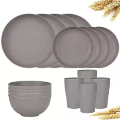 SET DA 16PZ STOVIGLIE IN PAGLIA DI GRANO CIOTOLE PIATTI INFRANGIBILI POSATE RIUTILIZZABILI