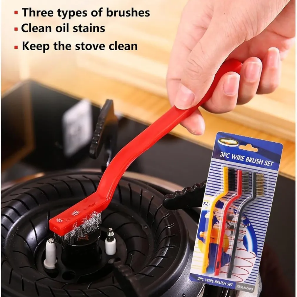 SET DI 3 SPAZZOLE IN NYLON ANTIRUGGINE PER PULIZIA DEL FILO DI ACCIAIO PER STUFE