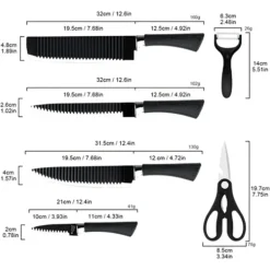 SET DI COLTELLI DA CUCINA IN ACCIAIO 6PZ MANICO IN SILICONE CON MOTIVO ONDULATO NERO