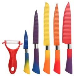 SET DI COLTELLI DA 6PZ COLORATI CON LAMA IN RILIEVO MANIGLIA ANTISCIVOLO UTENSILI CUCINA