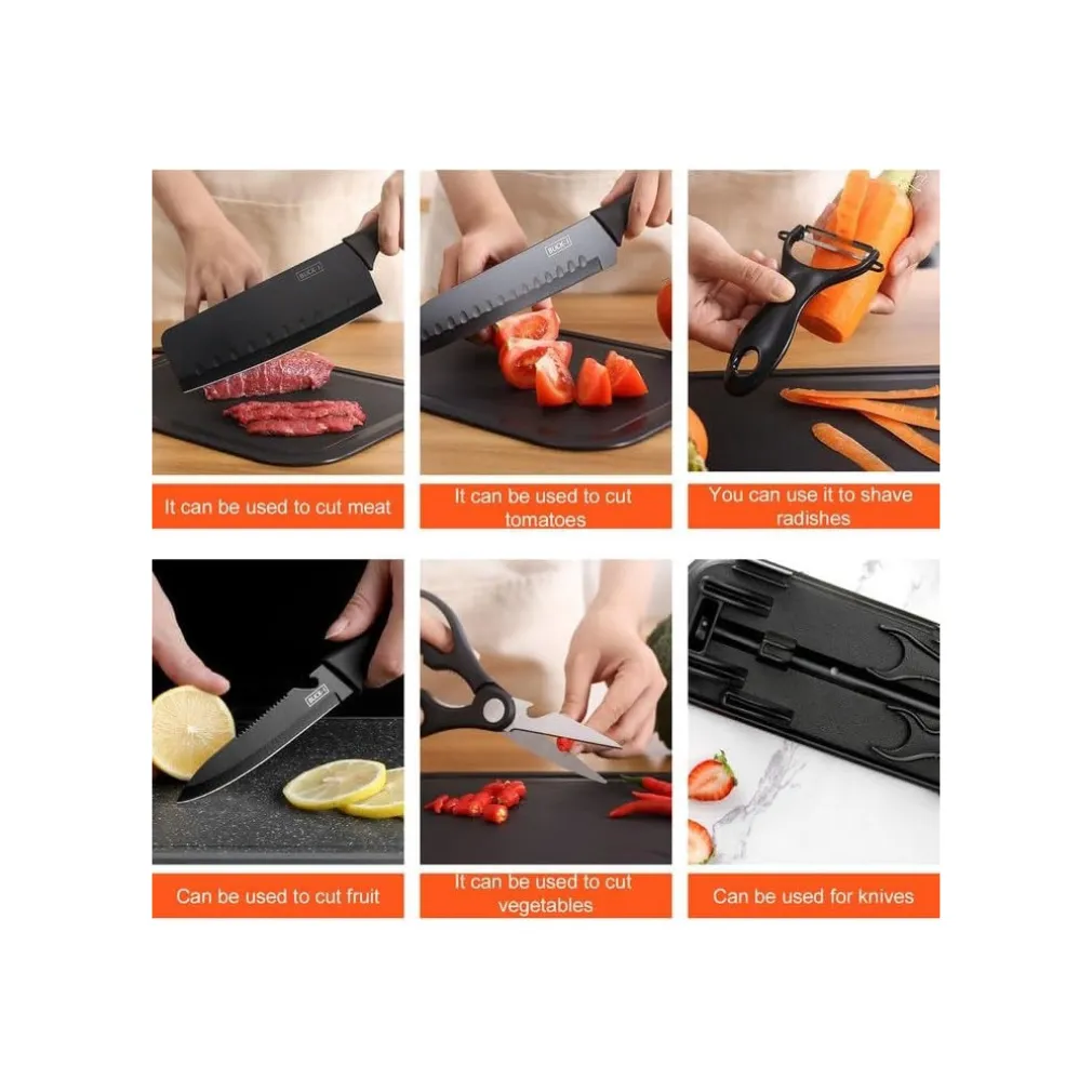 SET DI 7PZ COLTELLI DA CUCINA PROFESSIONALI CHEF FORBICI PELAPATATE ACCIAIO NERO