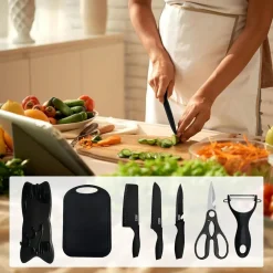 SET DI 7PZ COLTELLI DA CUCINA PROFESSIONALI CHEF FORBICI PELAPATATE ACCIAIO NERO