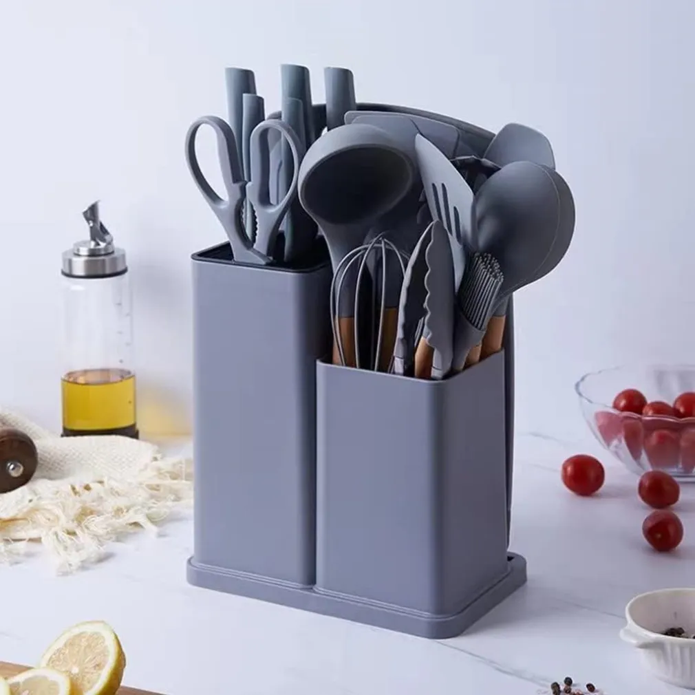 SET DI UTENSILI COLTELLI DA CUCINA DA CHEF DA 19 PEZZI IN SILICONE CON MANICO IN LEGNO