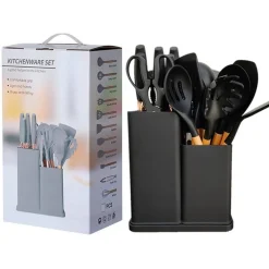 SET DI UTENSILI COLTELLI DA CUCINA DA CHEF DA 19 PEZZI IN SILICONE CON MANICO IN LEGNO