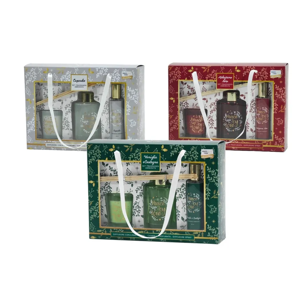 SET DIFFUSORE FRAGRANZA 100ML CON 6 BASTONCINI CANDELA PROFUMATA SPRAY AMBIENTE NATALIZIO