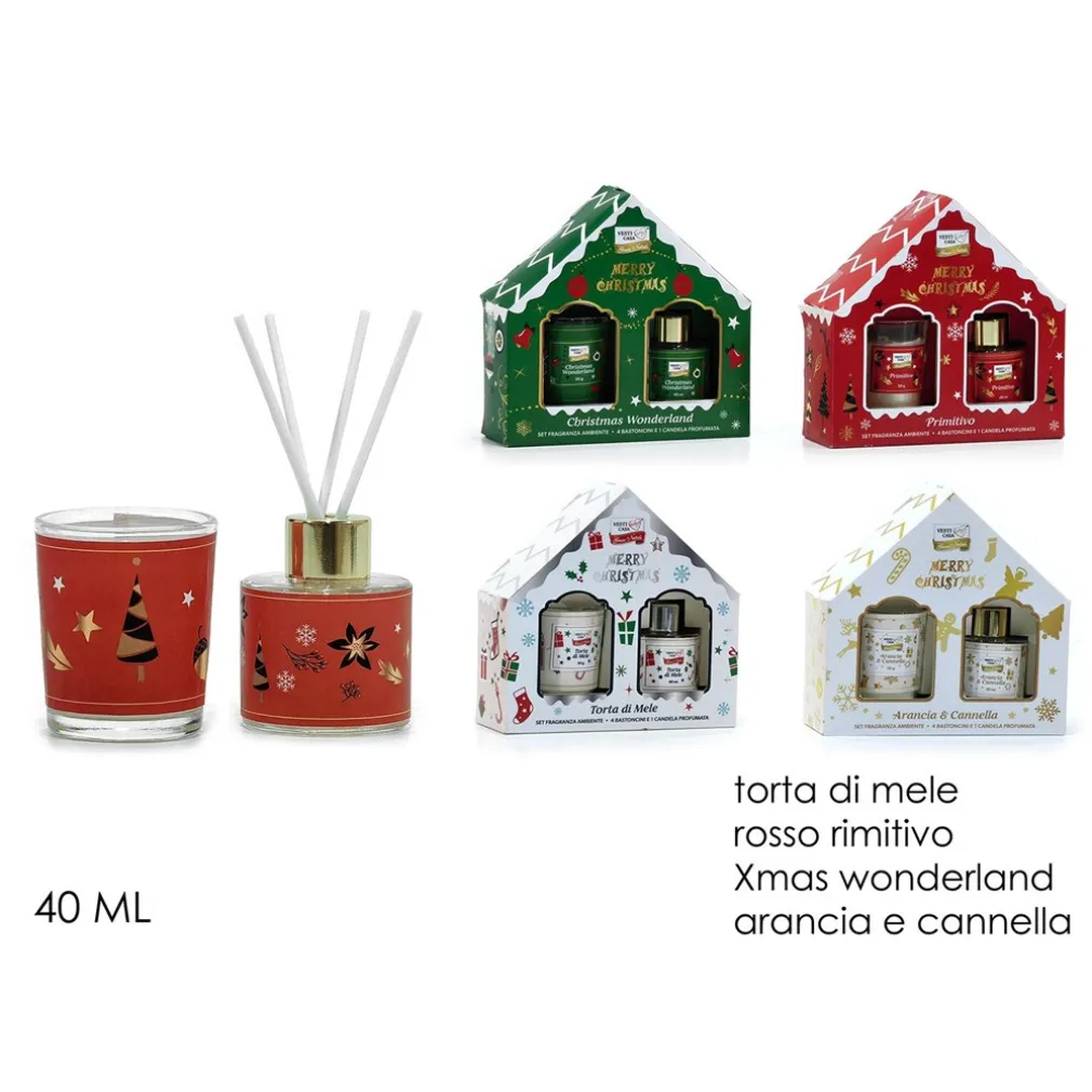 SET DIFFUSORE FRAGRANZA PER AMBIENTE NATALIZIO 40 ML CON 4 BASTONCINI CANDELA PROFUMATA