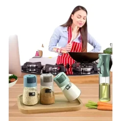 SET DISPENSER SPRAY PER OLIO CON 3 CONTENITORI DOSATORE PER CONDIMENTI SPEZIE SALE CUCINA
