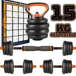 SET 6IN1 MULTIFUNZIONE PESO 15KG MANUBRI CON BILANCIERE E KETTLEBELL COMPONIBILE