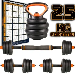 SET 6IN1 MULTIFUNZIONE PESO 25KG MANUBRI CON BILANCIERE E KETTLEBELL COMPONIBILE