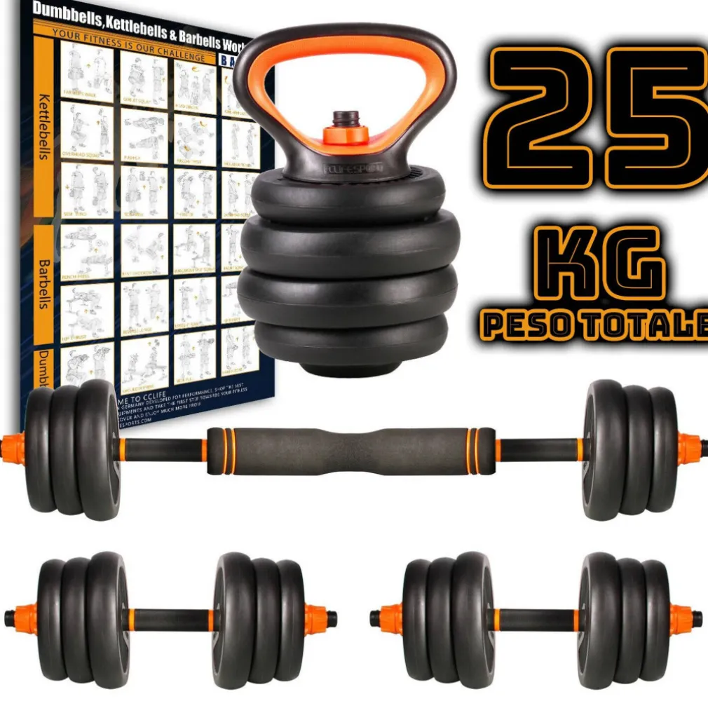 SET 6IN1 MULTIFUNZIONE PESO 25KG MANUBRI CON BILANCIERE E KETTLEBELL COMPONIBILE