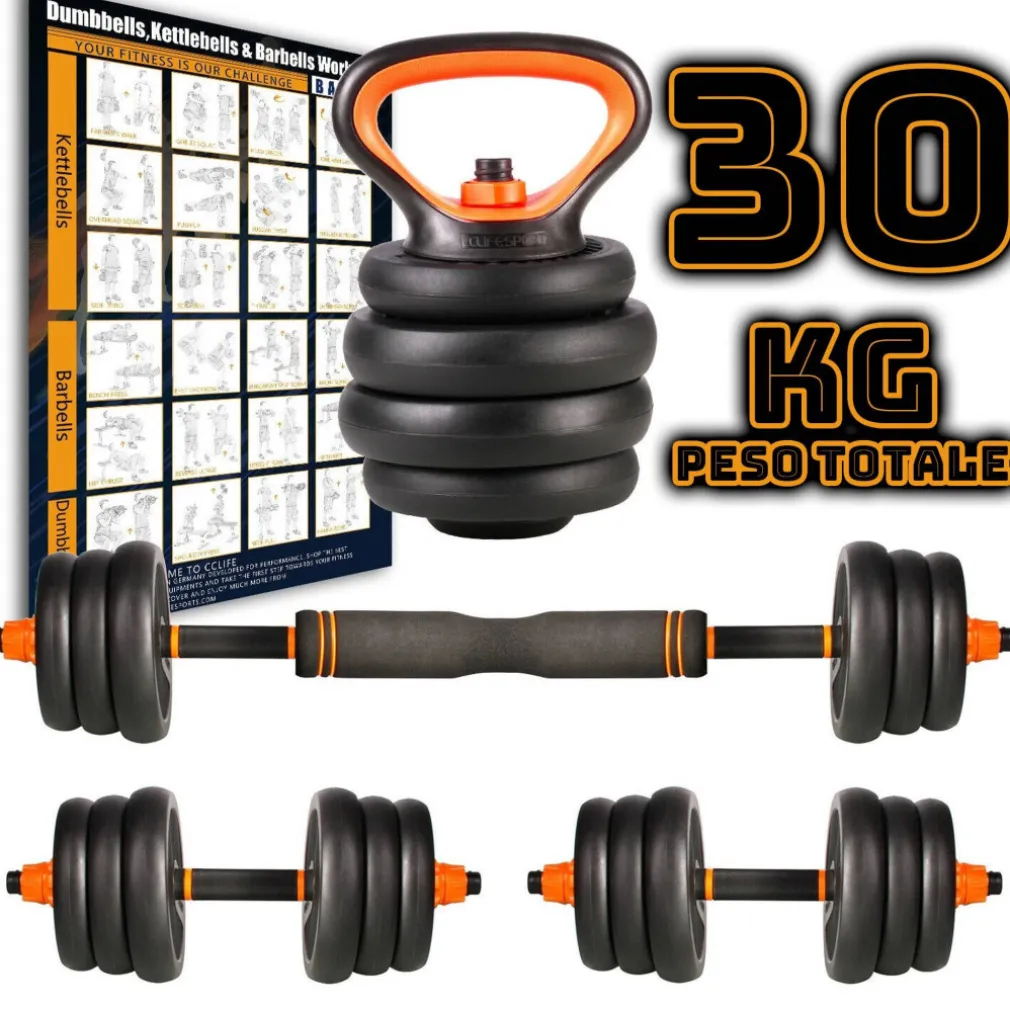 SET 6IN1 MULTIFUNZIONE PESO 30 KG MANUBRI CON BILANCIERE E KETTLEBELL COMPONIBILE