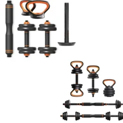 SET 6IN1 MULTIFUNZIONE PESO 30 KG MANUBRI CON BILANCIERE E KETTLEBELL COMPONIBILE
