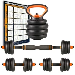 SET 6IN1 MULTIFUNZIONE PESO 20KG MANUBRI CON BILANCIERE E KETTLEBELL COMPONIBILE