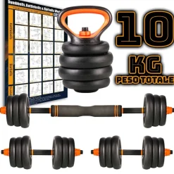 SET 6IN1 MULTIFUNZIONE PESO 10KG MANUBRI CON BILANCIERE E KETTLEBELL COMPONIBILE
