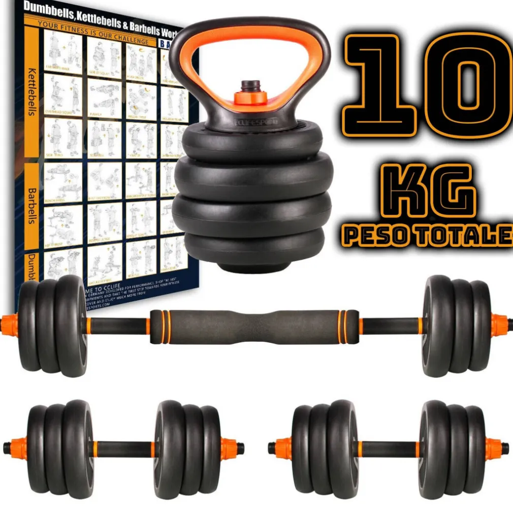 SET 6IN1 MULTIFUNZIONE PESO 10KG MANUBRI CON BILANCIERE E KETTLEBELL COMPONIBILE
