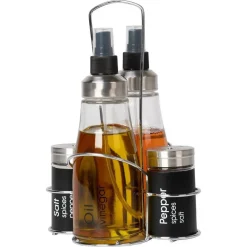 SET MENAGE CONTENITORI IN VETRO ACCIAIO 4 PEZZI CON STAND ACCESSORI PER CUCINA