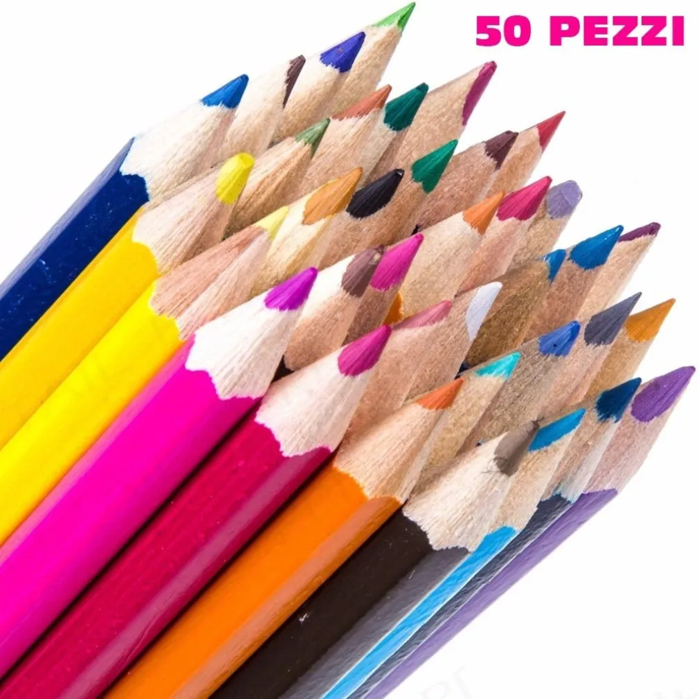 SET PASTELLI COLORATI 50 PZ. MATITE IN LEGNO PER COLORARE BAMBINI SCUOLA DISEGNO