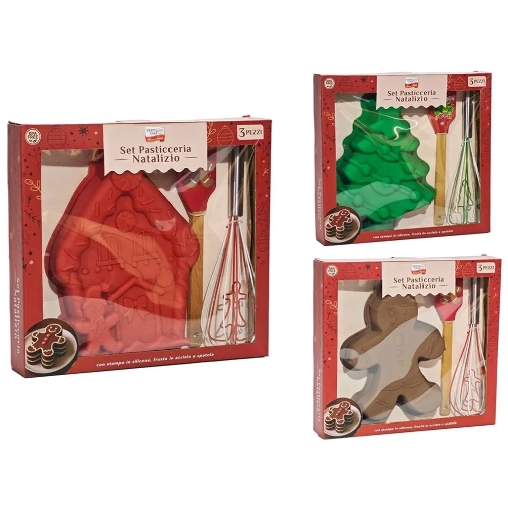SET PASTICCERIA NATALIZIO DA 3 PEZZI CON STAMPO IN SILICONE FRUSTA IN ACCIAIO SPATOLA