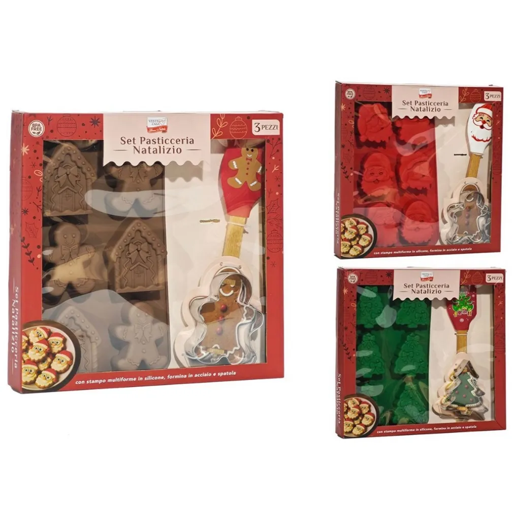 SET PER PASTICCERIA NATALIZIO 3PZ STAMPO MULTIFORME IN SILICONE FORMINA IN ACCIAIO SPATOLA