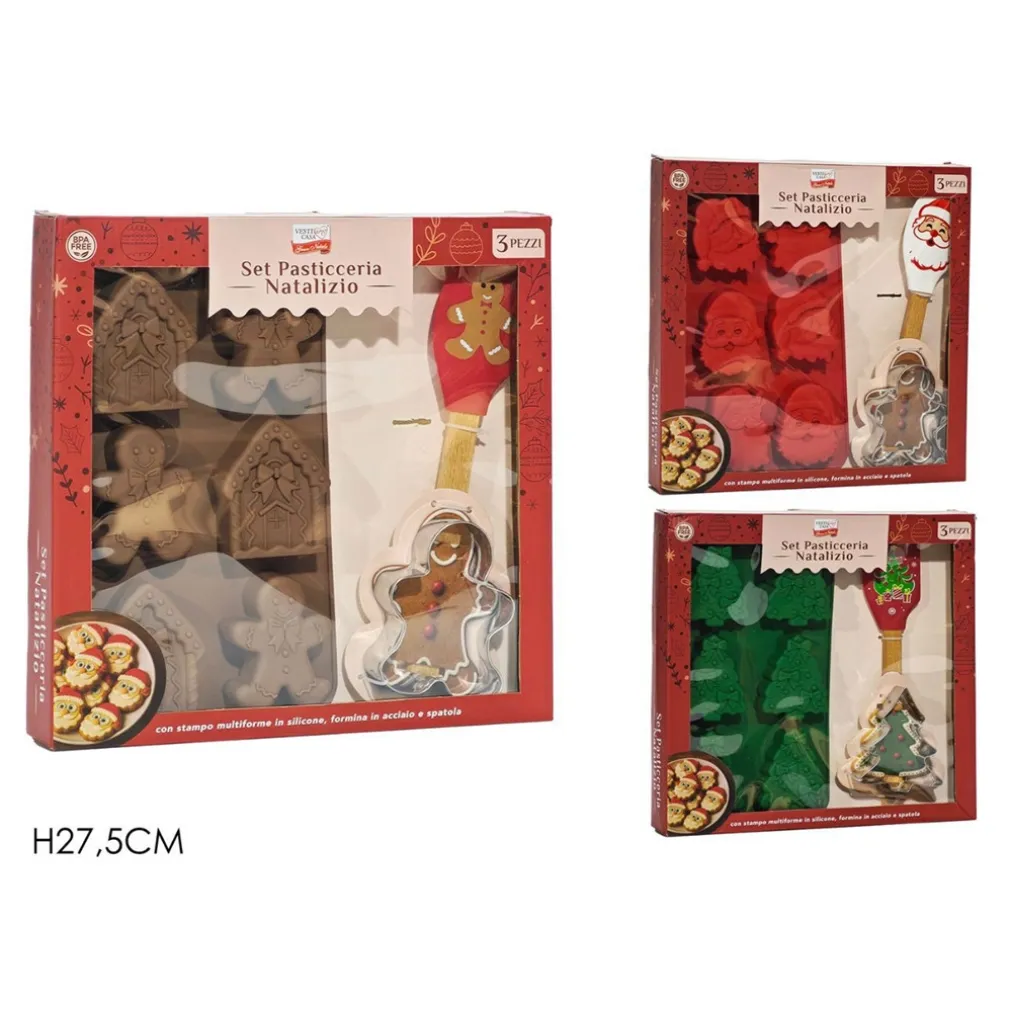 SET PER PASTICCERIA NATALIZIO 3PZ STAMPO MULTIFORME IN SILICONE FORMINA IN ACCIAIO SPATOLA
