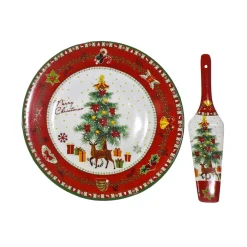 SET PIATTO ROTONDO + PALETTA COORDINATA DI NATALE IN CERAMICA DECORATIVA Ø27CM 4 MODELLI