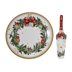 SET PIATTO ROTONDO + PALETTA COORDINATA DI NATALE IN CERAMICA DECORATIVA Ø27CM 4 MODELLI