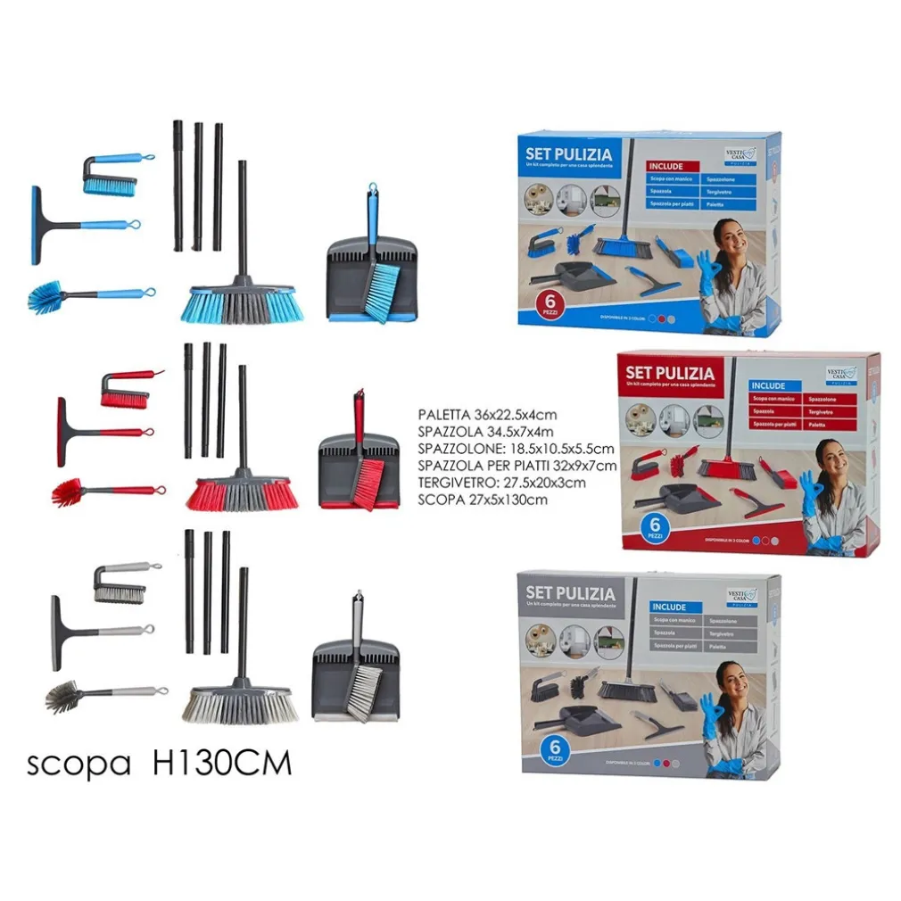 SET PULIZIA CASA 6 PZ CON PALETTA SPAZZOLA SPAZZOLONE SPAZZOLINA PIATTI TERGIVETRO SCOPA