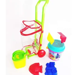 SET 8PZ CARRELLO CON SECCHIELLO PALETTA RASTRELLO FORMINE SABBIA GIOCO SPIAGGIA MARE BAMBINI