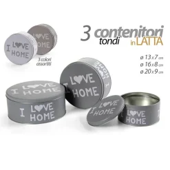 SET 3PZ CONTENITORI IN LATTA BARATTOLO CUCINA TONDO ASSORTITI I LOVE HOME 710513
