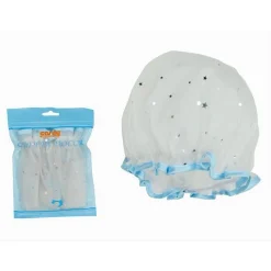 SET 2PZ CUFFIA DOCCIA BAGNO ELASTICO BORDINO AZZURRO STELLE PROTEGGE CAPELLI 79610