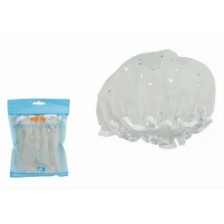 SET 2PZ CUFFIA DOCCIA BAGNO ELASTICO BORDINO BIANCO STELLE PROTEGGE CAPELLI 79606