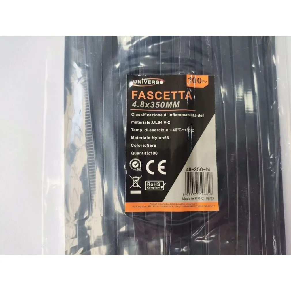 SET 100PZ FASCETTE SERRACAVO AUTOBLOCCANTI IN NYLON NERO 4.8MM X 350 MM 48-350-N