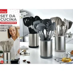 SET 12PZ UTENSILI DA CUCINA MESTOLI IN SILICONE ACCIAIO ANTIADERENTE PORTAPOSATE GIREVOLE