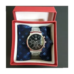 SET REGALO PER UOMO OROLOGIO QUARZO ACCIAIO + CRAVATTA IN COFANETTO ELEGANTE
