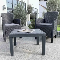 SET SALOTTO CON TAVOLINO 2 POLTRONE ANTRACITE EFFETTO RATTAN CON CUSCINI GIARDINO 591042