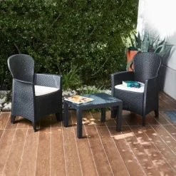 SET SALOTTO CON TAVOLINO 2 POLTRONE ANTRACITE EFFETTO RATTAN CON CUSCINI GIARDINO 591042