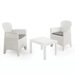 SET SALOTTO CON TAVOLINO 2 POLTRONE BIANCO EFFETTO RATTAN CON CUSCINI GIARDINO 591073