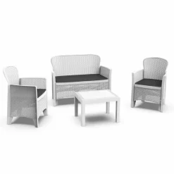 SET SALOTTO GIARDINO CON DIVANO 2 POLTRONE TAVOLINO CUSCINI EFFETTO RATTAN BIANCO 156036