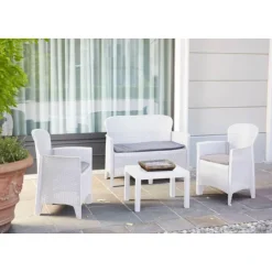 SET SALOTTO GIARDINO CON DIVANO 2 POLTRONE TAVOLINO CUSCINI EFFETTO RATTAN BIANCO 156036