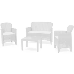 SET SALOTTO GIARDINO CON DIVANO 2 POLTRONE TAVOLINO CUSCINI EFFETTO RATTAN BIANCO 156036