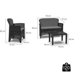 SET SALOTTO GIARDINO DIVANO 2 POLTRONE TAVOLINO CUSCINI EFFETTO RATTAN ANTRACITE 156043