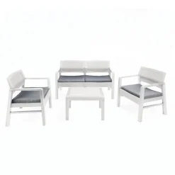 SET SALOTTO GIARDINO ESTERNO CON DIVANO 2 POLTRONE TAVOLINO EFFETTO RATTAN CON CUSCINI