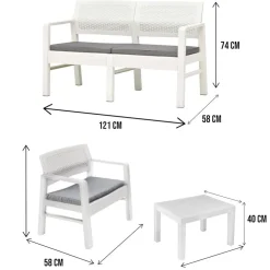 SET SALOTTO GIARDINO ESTERNO CON DIVANO 2 POLTRONE TAVOLINO EFFETTO RATTAN CON CUSCINI
