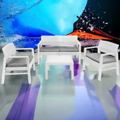 SET SALOTTO GIARDINO ESTERNO CON DIVANO 2 POLTRONE TAVOLINO EFFETTO RATTAN CON CUSCINI