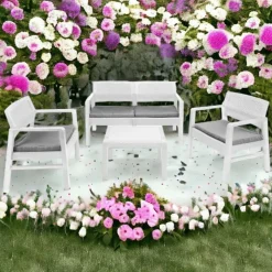 SET SALOTTO GIARDINO ESTERNO CON DIVANO 2 POLTRONE TAVOLINO EFFETTO RATTAN CON CUSCINI