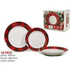 SET SERVIZIO DI 18 PZ PIATTI CON MOTIVO A BORDO TARTAN IN PORCELLANA DA TAVOLA NATALIZIO