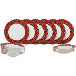 SET SERVIZIO DI 18 PZ PIATTI CON MOTIVO A BORDO TARTAN IN PORCELLANA DA TAVOLA NATALIZIO