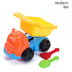 SET SPIAGGIA 3PZ CAMION RIBALTABILE CON PALETTA RASTRELLO GIOCHI BAMBINI 18X28CM 258265