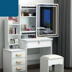 SET TAVOLO DA TOELETTA PER TRUCCO COSMETICI CON SPECCHIO LED MORBIDO SGABELLO CASSETTI